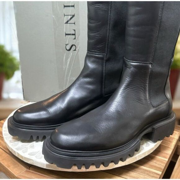 AllSaints Maeve Black Leather Knee High Boots Lug Sole Stretch Panel US 11 EU 41 - Picture 12 of 16
